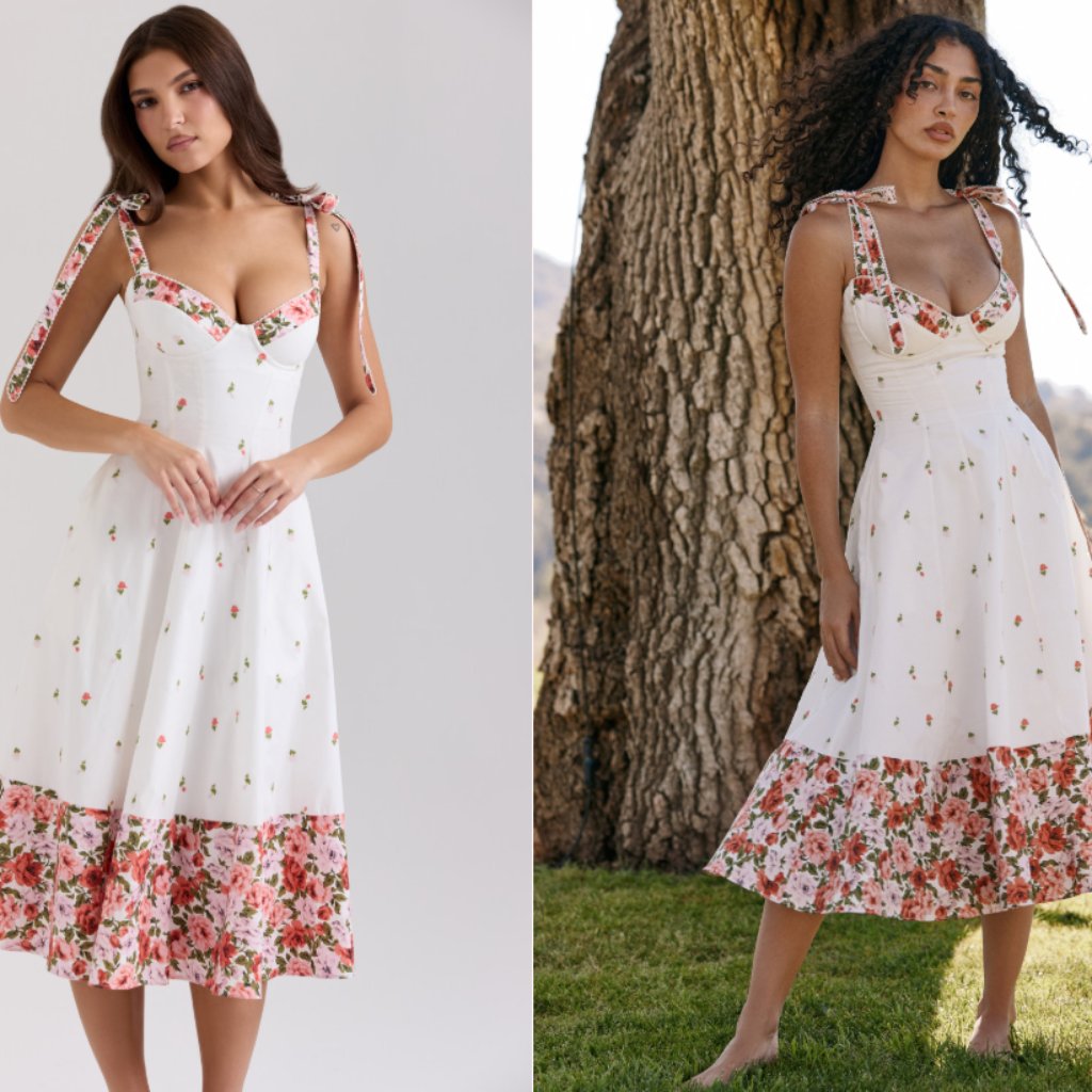 House Of Cb 'Emely' White Floral Print Stretch Cotton Midi Sundress Nwot